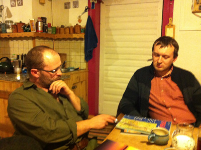 Pawel and Piotr discussing the best way to travel to Bajkal
